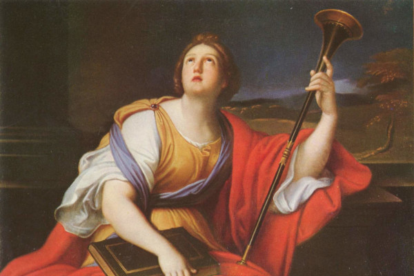 Clio, historiens musa. Detalj ur målning av Pierre Mignard, 1685.